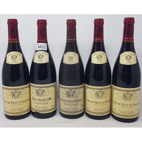 657 - Three bottles of Cotes de Beaune-Villages, Louis Jadot, and two other bottles of wine (5)