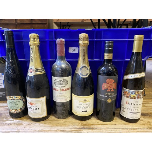 706 - Assorted champagne, wine and other items (qty)