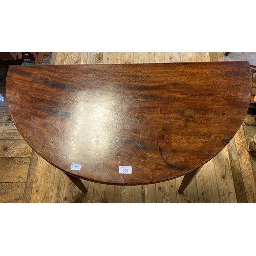 953 - A 19th century mahogany demi-lune folding card table, 92 cm wide