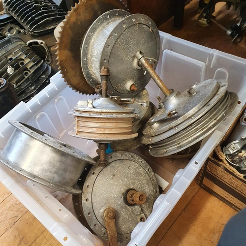 99 - Montesa and Fantic engine covers, cylinder heads, wheel hubs and other items (2 boxes)