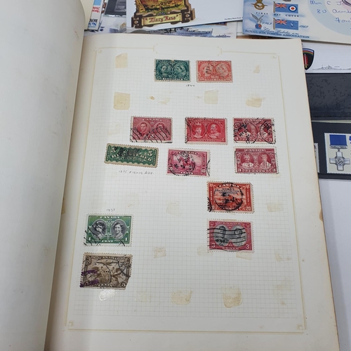 44 - Assorted coins, stamps, first day covers, postcards and other items (qty)