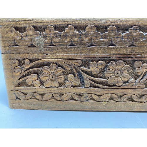 533 - A carved Indian box, a 19th century mahogany brass bound box, and various other items (4 boxes)