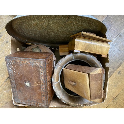 533 - A carved Indian box, a 19th century mahogany brass bound box, and various other items (4 boxes)