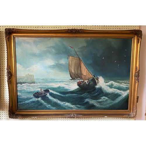 650 - English school, 20th century, a boat in rough seas, oil on board, 97 x 62 cm