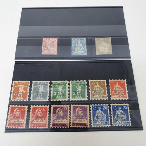 76 - Swiss stamps, a 1854-62 Helvetia 15r used, 2r and 10r unused, 1918 War Board of Trade selection of u... 