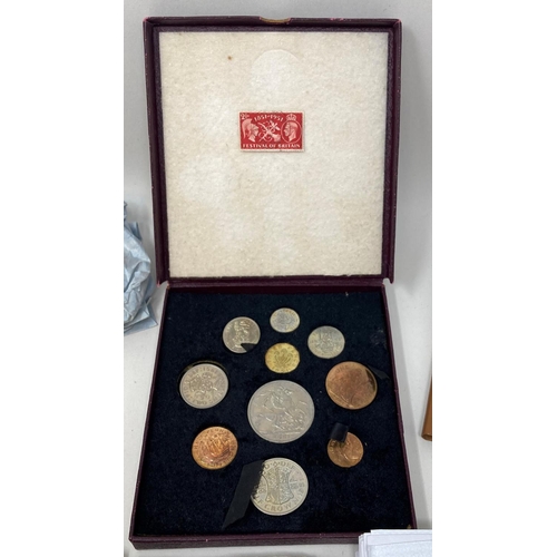 110 - A Festival of Britain 1951 coin set, crown down, in box of issue, other commemorative coins, a group... 