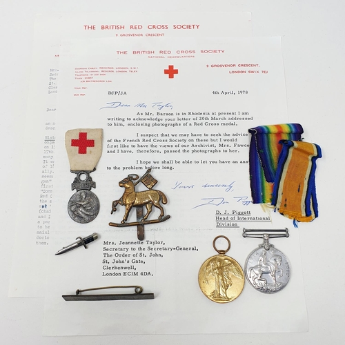 151 - A WWI pair, awarded to T-242208 Pte F W Bonner, The Queen's Regiment, a French Red Cross badge, acco... 