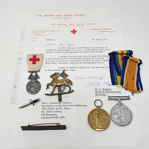 151 - A WWI pair, awarded to T-242208 Pte F W Bonner, The Queen's Regiment, a French Red Cross badge, acco... 