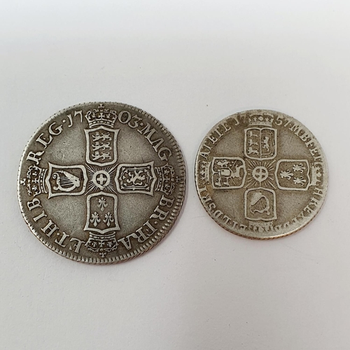 134 - A Queen Anne shilling, VIGO, 1703, and a George II sixpence, 1757 (2)