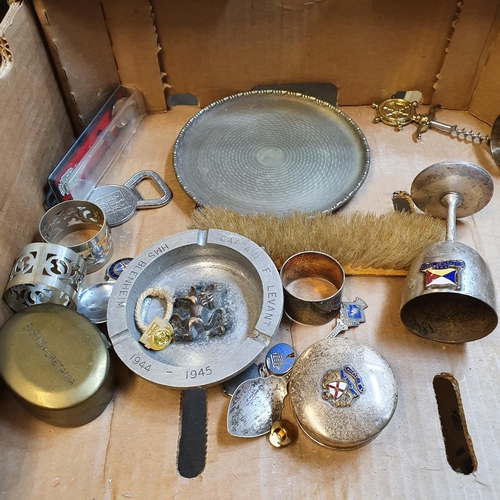 145 - A group of silver plated and other plated items, with enamel shipping crests including RMS Mongolia,... 