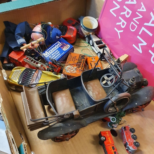 229 - A Dinky Toys fire truck, a model boat, and various other toys (box)