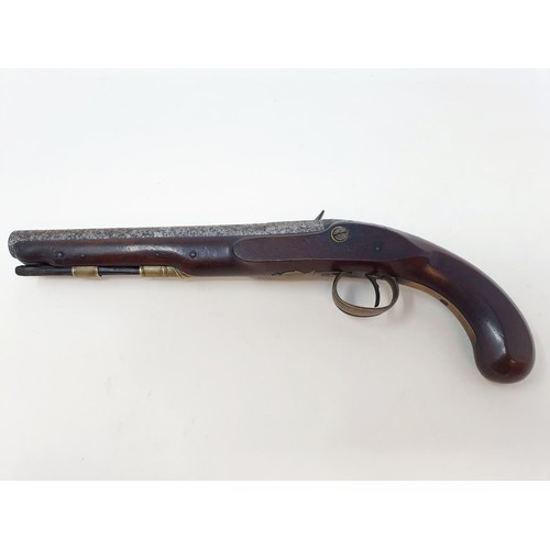 201A - A late 18th/early 19th century flintlock pistol, signed H NOCK, hammer broken, rust to barrel, wood ... 