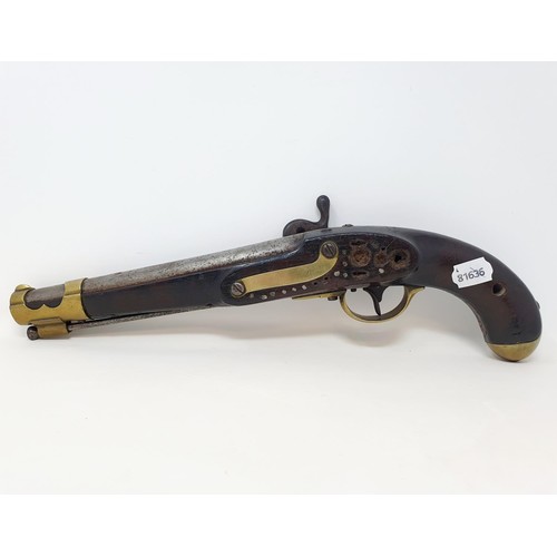 202A - An early 19th cnetury percussion cap pistol, lacks belt hook, handle with a hole, attic stored, 41 c... 