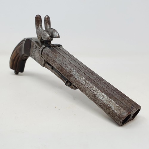 204A - A 19th century rim fire double barrel pistol, attic stored, 22 cm