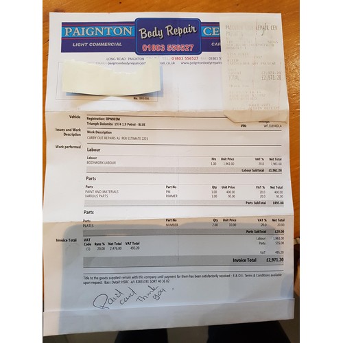 37 - 1974 Triumph Dolomite 1850
Registration number OPN 985M
Light French blue with blue cloth interior
A... 