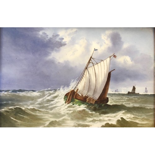 555 - A pair of pottery plaques, painted ships in heavy seas, 16.5 x 24.5 cm (2)