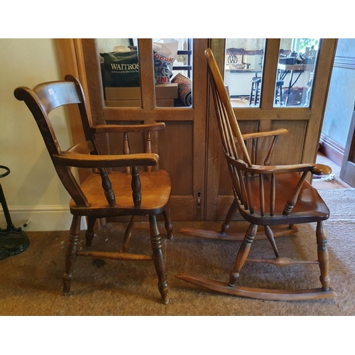 174 - A late Victorian kitchen beech and elm armchair, and a comb back rocking armchair (2)