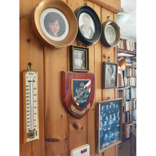 208 - The group of assorted pictures and photographs, as hanging on the walls in the study