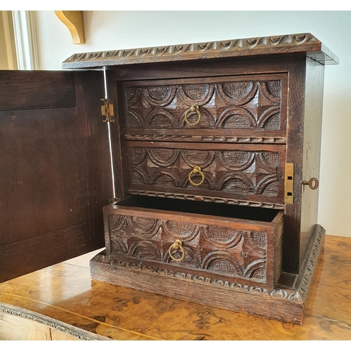 227 - A late Victorian carved oak cabinet, having a panel door opening to reveal three drawers, on a plint... 