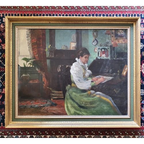 233 - English school, early 20th century, a lady at a bureau writing a letter, oil on canvas, 39 x 50 cm