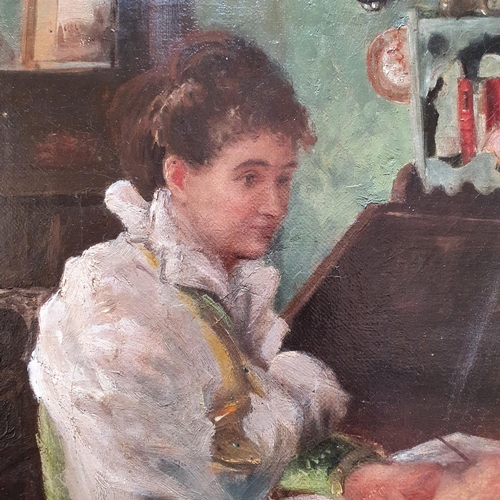 233 - English school, early 20th century, a lady at a bureau writing a letter, oil on canvas, 39 x 50 cm