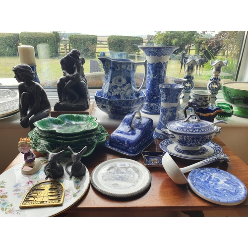 238 - Three Wedgwood majolica leaf shaped plates, others similar, and assorted ceramics and glass (all on ... 