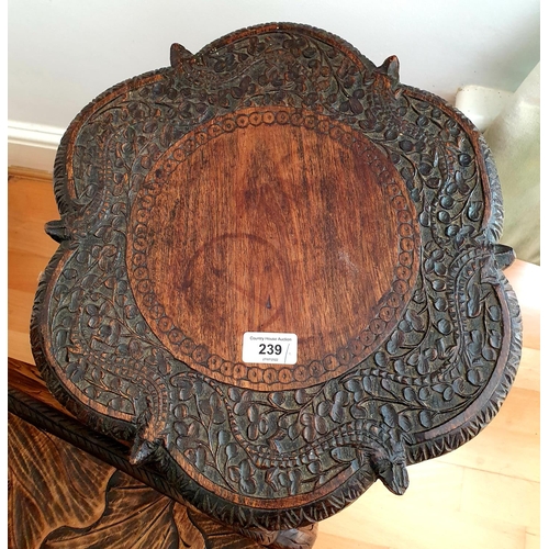 239 - A Japanese carved chair, and a Burmese style carved wood two tier occasional table, 40 cm wide (2)