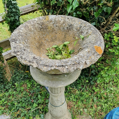 74 - A blue glazed garden pot, approx. 44 cm high, and a reconstituted stone garden urn, on a stand, repa... 