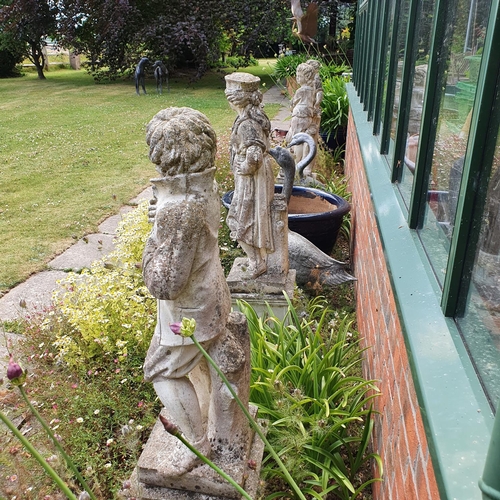 80 - A set of four reconstituted stone garden figures on stands, the four seasons, each approx. 104 cm hi... 