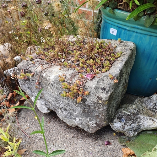 81 - A small stone trough, 30 cm wide, and a blue glazed garden pot, planted with agapanthus (2)