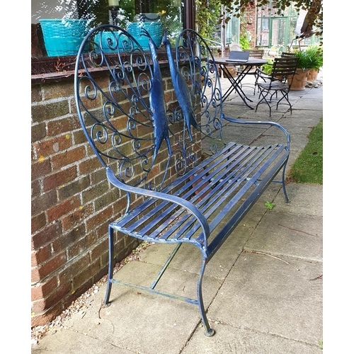 94 - A blue painted metal garden bench, the back decorated peacocks, 158 cm wide