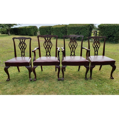 258 - A pair of George III style mahogany carver chairs, with pierced vase shaped splats, leather upholste... 