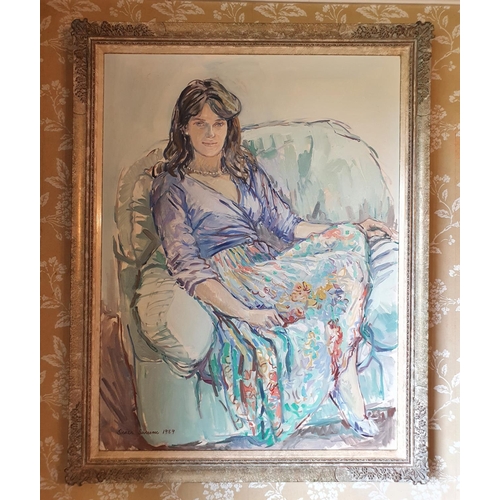 270 - Susan Sansome, a young lady wearing a pearl necklace, oil on canvas, signed and dated 1989, 100 x 75... 