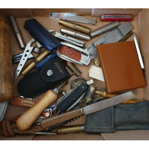 293 - A large group of assorted penknives, other knives, and a leather shotgun cartridge bag (box)