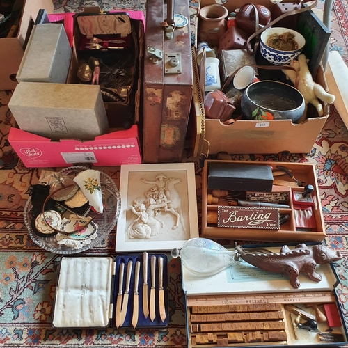 310 - A leather suitcase, with old labels, 35 cm wide, assorted ceramics, glass and other items (qty)