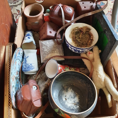 310 - A leather suitcase, with old labels, 35 cm wide, assorted ceramics, glass and other items (qty)