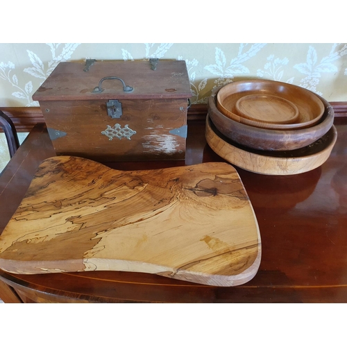 312 - A treen bowl, 33 cm diameter, other treen, and a box (qty)