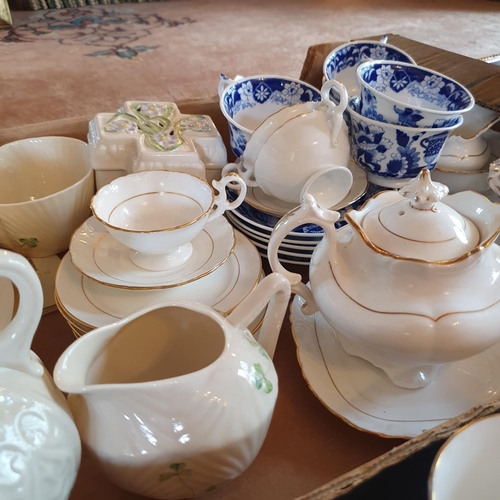 334 - Assorted modern Belleek, a part tea set and other items (box)