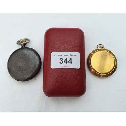 344 - A Dunhill cigarette lighter, worn, boxed, and two open face pocket watches (3)