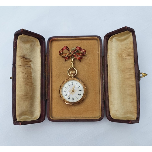 348 - A ladies gold and enamel fob watch, with Roman numerals, on an 18ct gold enamel ribbon tie pendant, ... 