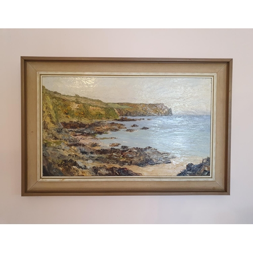 356 - Harry Albert Le Bealle Prest, a Cornish coastline, oil on board, signed, 39 x 67 cm