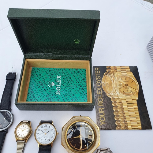 379 - Assorted wrist and other watches, and a Rolex watch box, with an associated Rolex Oyster booklet