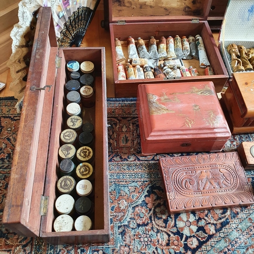 437 - A group of assorted boxes, a bagatelle board, a soapstone chess set, an onyx lamp, and other items (... 