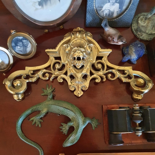 467 - Assorted metalwares, a pair of opera glasses and other items