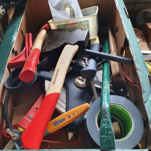 131 - A group of assorted saws, spirit levels, axes, and other tools, all on top of the work bench (exclud... 