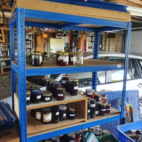 140 - Various parts of blue racking, with chipboard shelves, 89 cm wide, some parts to be made up