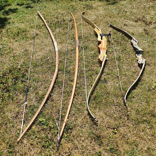 141 - A Perfect Line camouflage bow, other bows, a crossbow, and three straw targets, with assorted Stealt... 