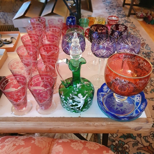 492 - A set of twelve ruby flashed and cut glass tumblers, and other assorted coloured glass (qty)