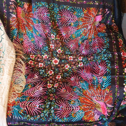 502 - A Chinese silk embroidered shawl, and other assorted textiles (box)