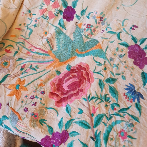 502 - A Chinese silk embroidered shawl, and other assorted textiles (box)